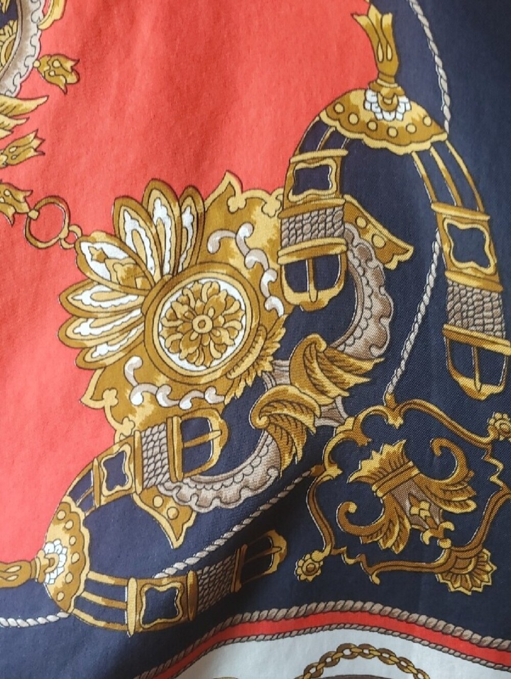 Decorative Equestrian Red and Navy Baroque Silk-Feel Scarf - Picture 4 of 7